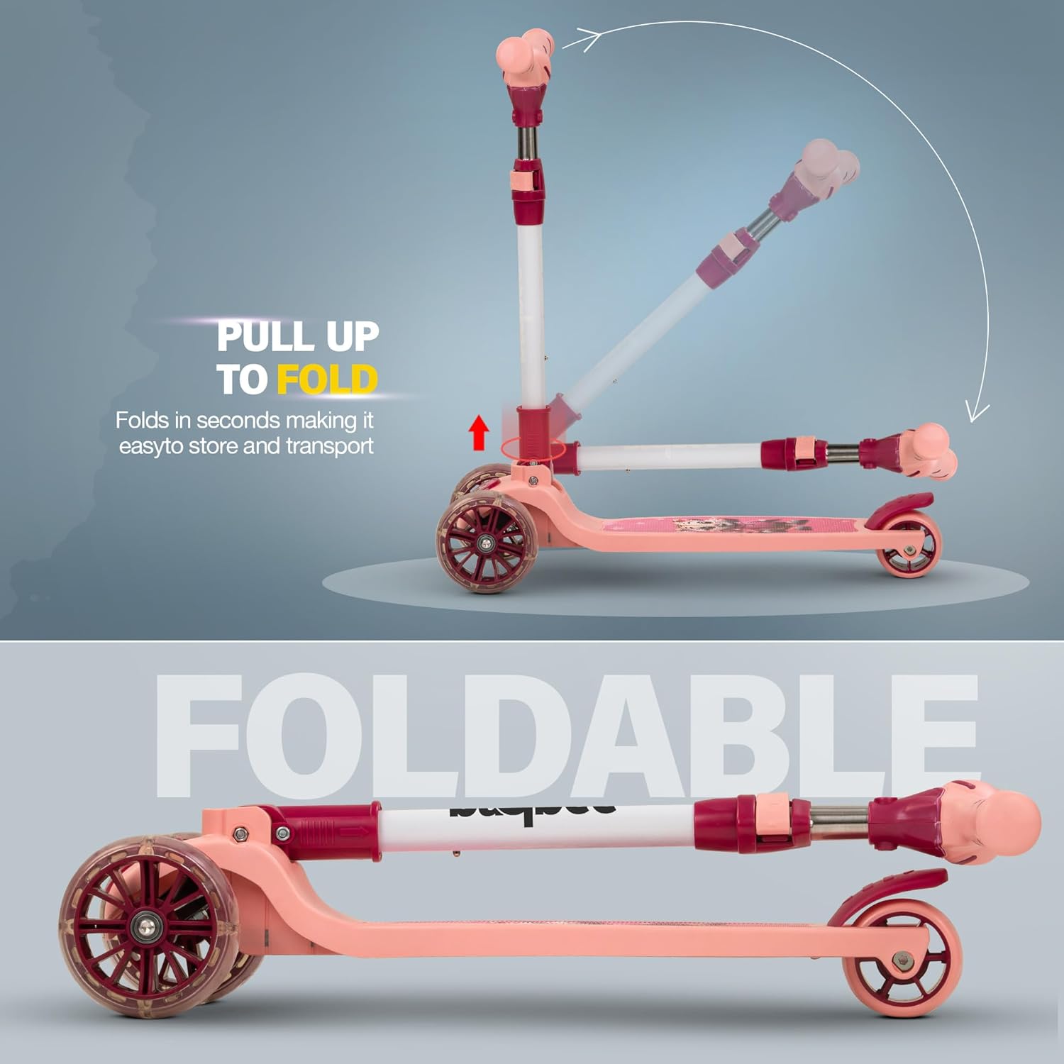 Baybee Kitty Kick Scooter for Kids, Foldable Kids Scooter- Pink
