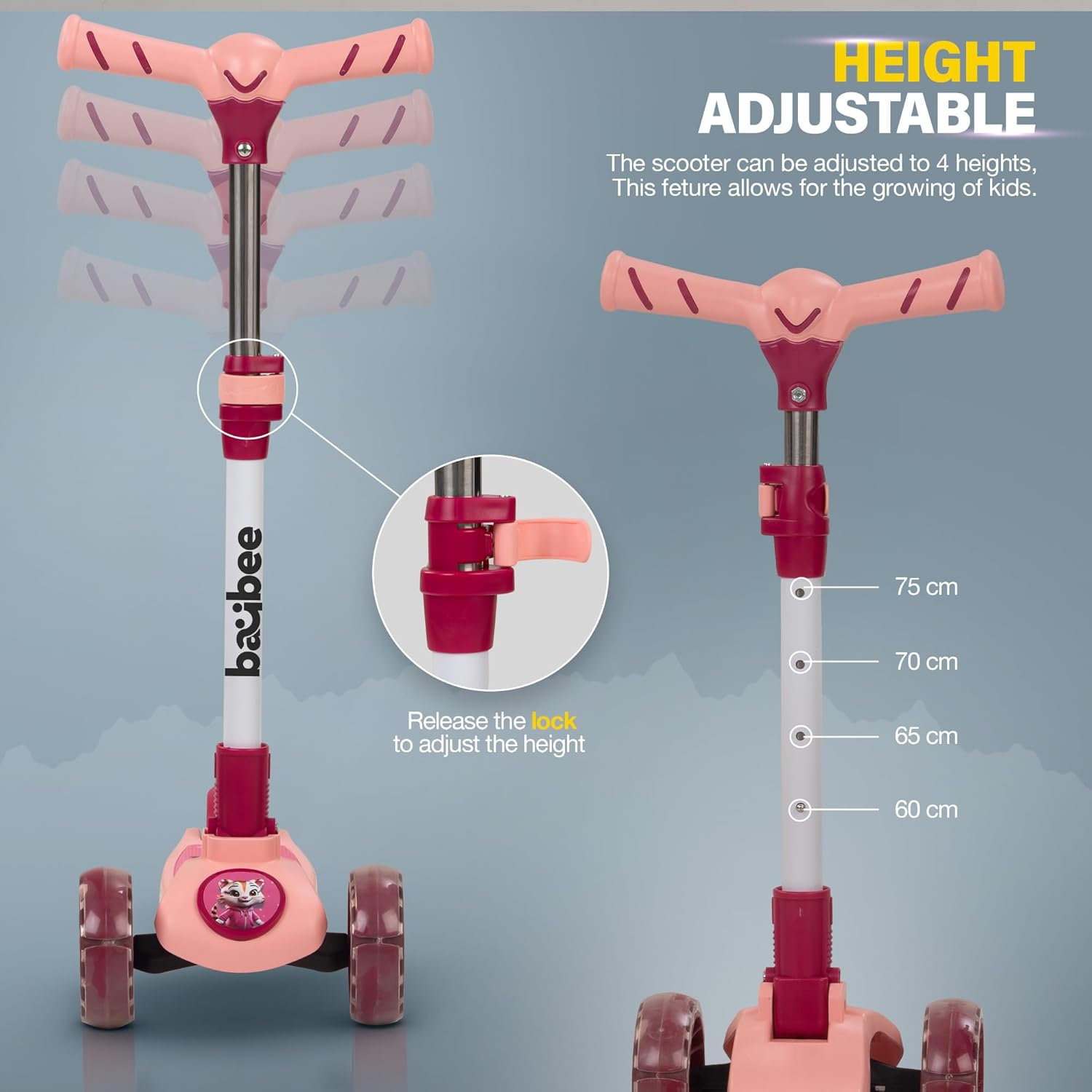 Baybee Kitty Kick Scooter for Kids, Foldable Kids Scooter- Pink
