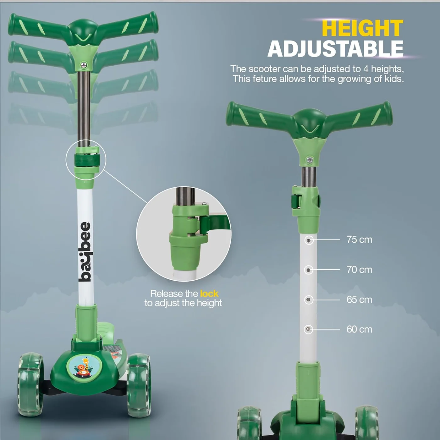 Baybee Kitty Kick Scooter for Kids, Foldable Kids Scooter- Green