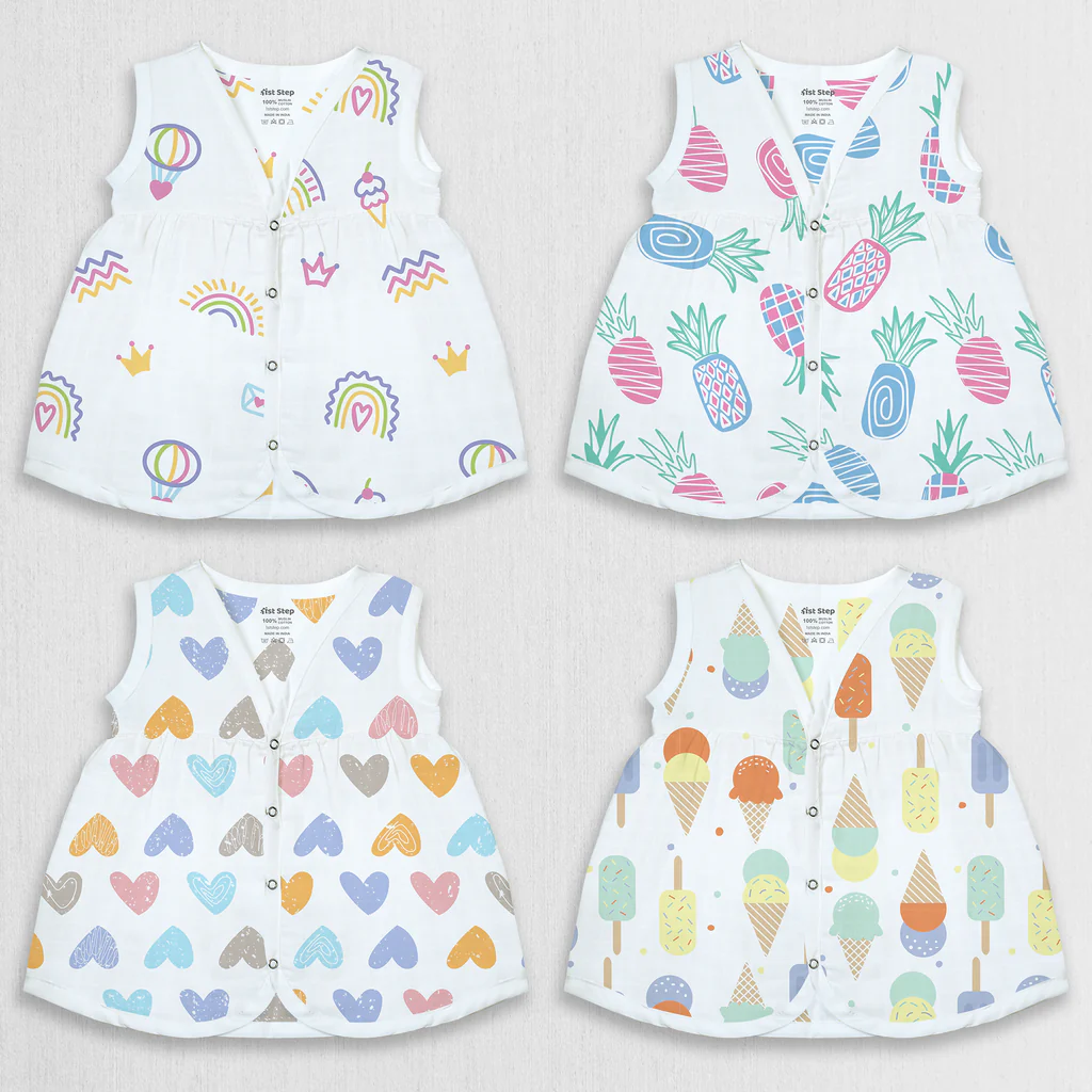 1st Step 100% Soft Muslin Cotton Snap Button Baby Frock - Pack Of 4 - 3-6 Months
