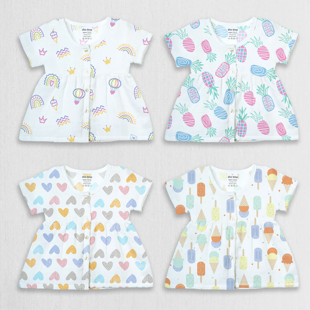 1st Step 100% Soft Muslin Cotton Button Half Sleeve Baby Frock - Pack Of 4 - 3-6 Months